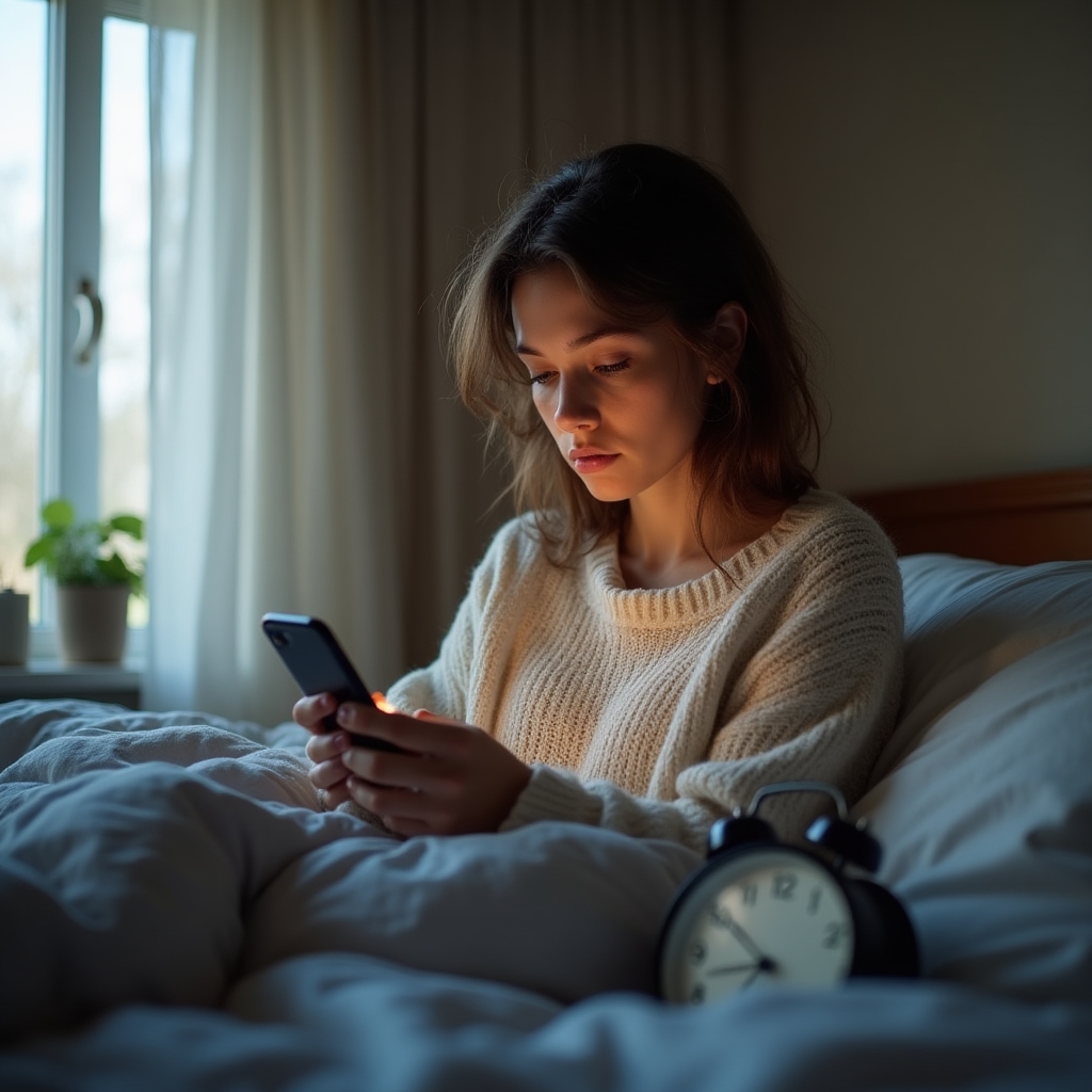 Žena ráno unaveně kontroluje finance na telefonu po nekvalitním spánku